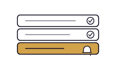 A monitoring dashboard with rankings, traffic and technical checked, and an AI citations row with an alert bell.