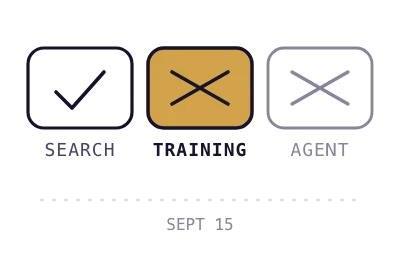 Three badges, Search, Training and Agent, with AI training crawlers marked as blocked by default on Cloudflare.