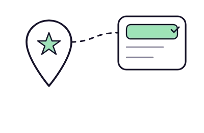A map pin with a star connects to a ranked list of three local results, the top one checked.