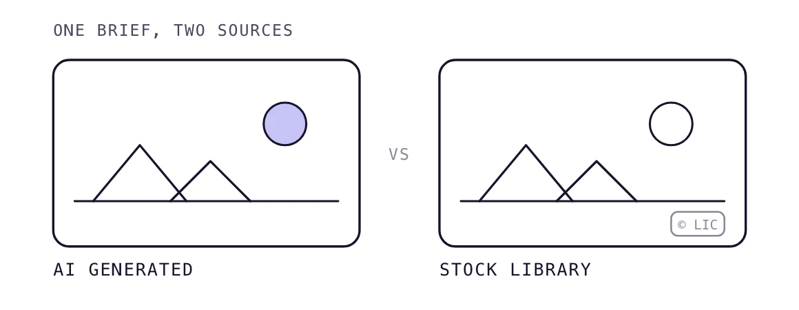 Two picture frames compare an AI generated image with a stock library photo for content marketing.