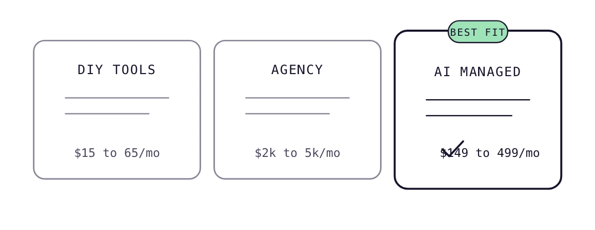 Three options, DIY tools, an agency and an AI managed service, with the managed service marked best fit.